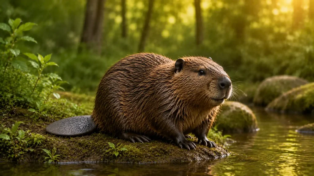 Beaver by the sunlight forest stream