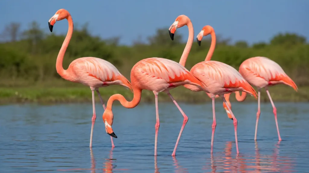 Flamingos birds with long legs